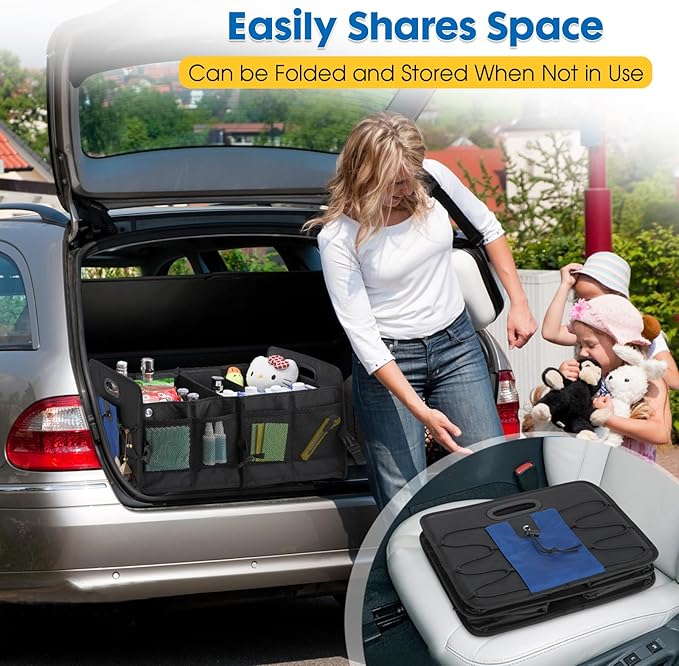 Large Car Trunk Organizer - Durable Oxford Cloth Car Storage Box with Flexible Dividers, Mesh Pockets  Foldable Design for SUVs, Cars  Groceries