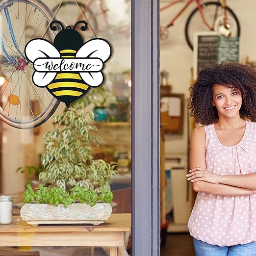 Shellwei Wood Welcome Sign, Bee Theme, Front Door Decor, 12 x 12 inches, Signage, Modern Style, Indoor & Outdoor Usage