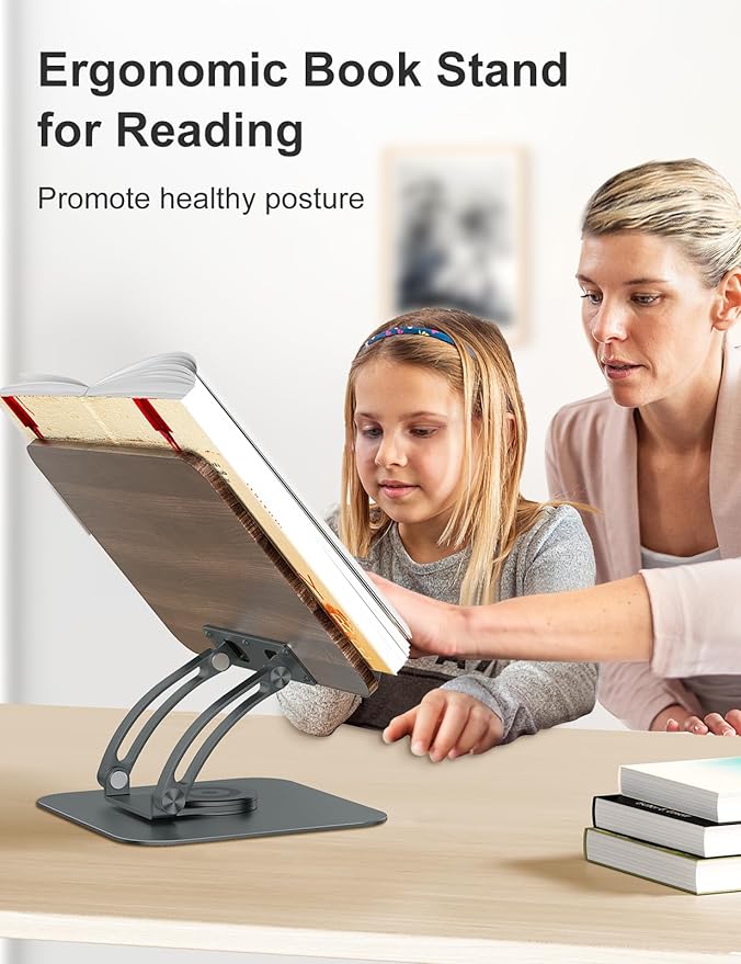 Tounee Book Stand for Reading, Adjustable Book Holder with 360 Swivel Base, Foldable Cookbook Stand Recipe Book Holder with Elastic Page Clips for Music Scores, Recipe, Tablet, Laptop-Gray