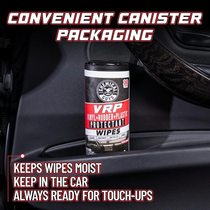 Chemical Guys, VRP Vinyl, Rubber & Plastic Shine Canister Wipes, 30 Count Pre-moistened wipes dress and protect vinyl, rubber and plastic on trim, dashboards and tires, thirty per pack