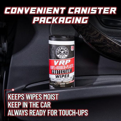 Chemical Guys, VRP Vinyl, Rubber & Plastic Shine Canister Wipes, 30 Count Pre-moistened wipes dress and protect vinyl, rubber and plastic on trim, dashboards and tires, thirty per pack