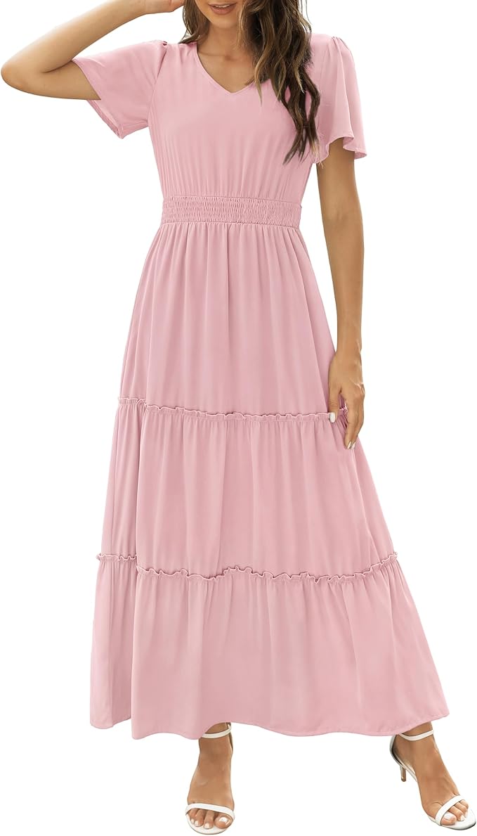 Zattcas Womens 2025 Long Summer Dress Short Flutter Sleeve V Neck Casual Smocked Tiered Modest Floral Boho Maxi Dress