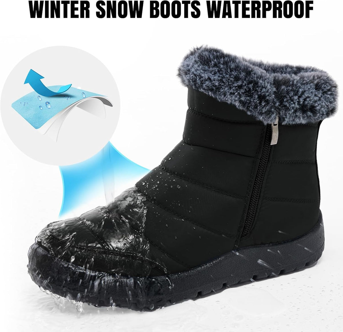 SHIBEVER Women's Waterproof Fur Lined Snow Boots, Black