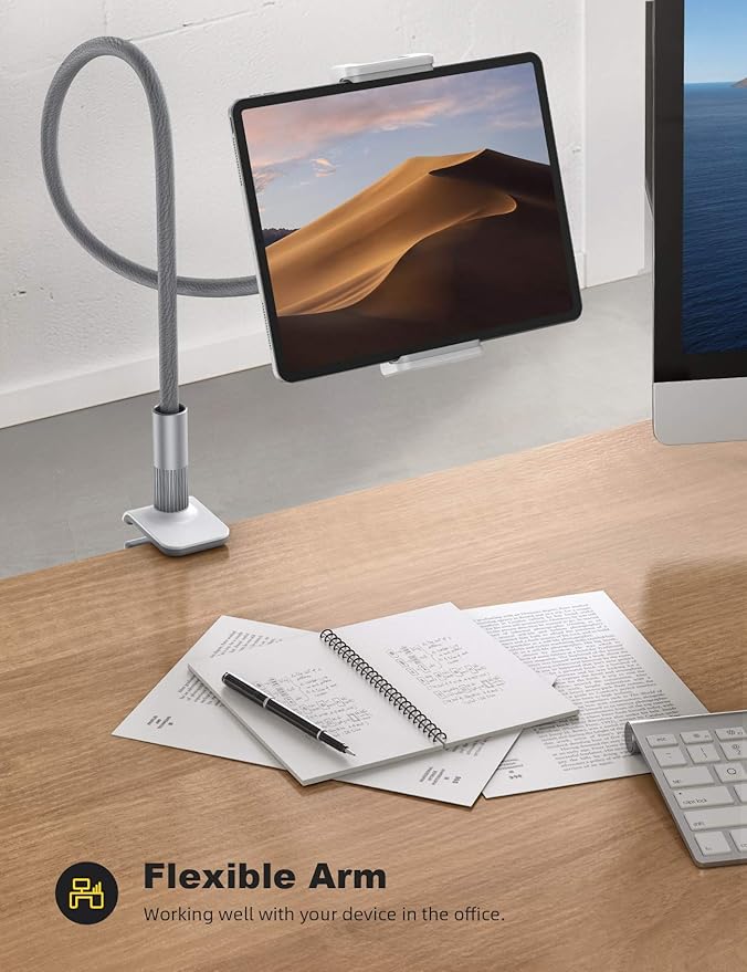 Lamicall Gooseneck Tablet Holder, Tablet Stand : Flexible Arm Clip Tablet Mount Compatible with iPad Mini Pro Air, Kindle, Switch, Galaxy Tabs, More 4.7-10.5" Devices - Gray