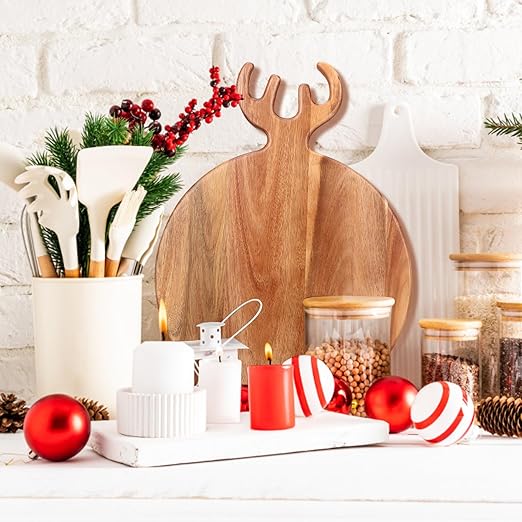 Large Round Christmas Charcuterie Boards Gifts Acacia Wood Cutting Board with Handle Decorative Wooden Xmas Cheese Board Christmas Food Platters Holiday Kitchen Decor Gifts Festive Xmas Serving Tray