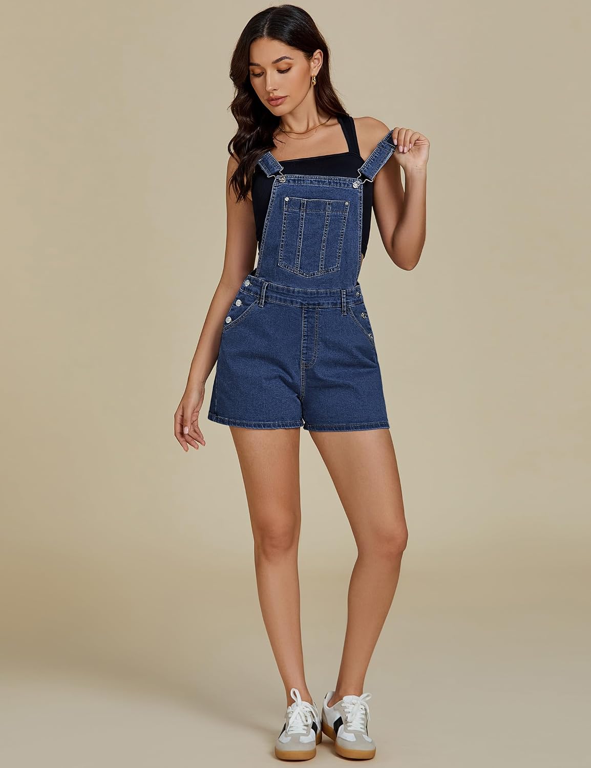 luvamia Jean Short Overalls for Women Baggy Adjustable Straps Bib Stretchy Denim Overall Jumpsuits Shortalls with Pockets