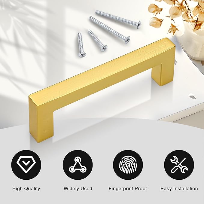 Probrico Gold Cabinet Handles 3-34 Inch(96mm) Hole Centers Drawer Pulls Stainless Steel Kitchen Cabinet Handles Golden Square Drawer Handles Modern Cabinet Hardware 5 Pack