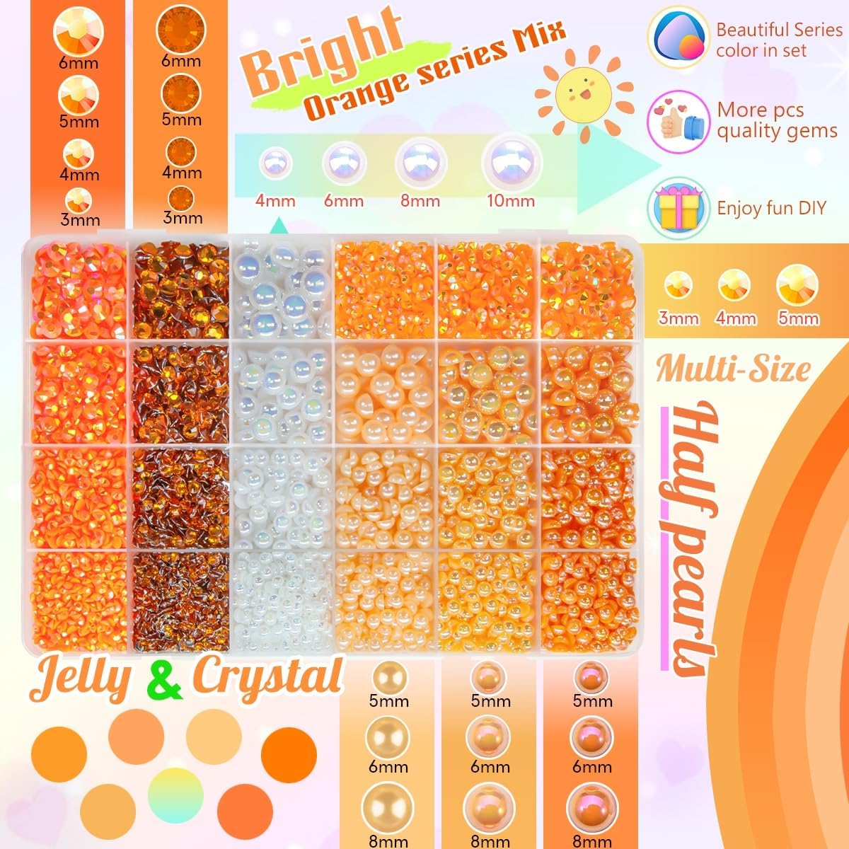qiipii Bright Orange 3mm-10mm Flatback Pearls and Rhinestones w B7000 Jewelry Glue for Bedazzling Crafting Half Pearls Resin Stones Diamonds Bedazzler Kit for Nails Face Eyes Makeup Tumblers Bottles