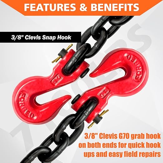 G80 BinderSafety Chain 38 Inch x 20 Foot Transport Binder Chain with Clevis Grab Hooks 7,100 lbs Safe Working Load Logging Chain for Transporting Towing Tie Down Binding Equipment