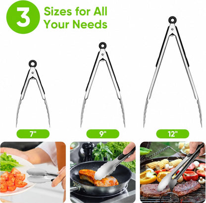 7/9/12 Inch Kitchen Tongs Set, Stainless Steel Cooking Tongs (7"+9"+12") For Cooking/Serving/Grilling | Heat-Resistant | Dishwasher Safe
