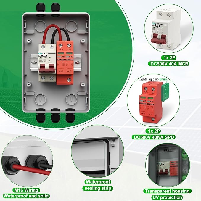 Solar Disconnect Switch 40 Amp DC 500V Circuit Breaker with Lightning Surge Protector Arrester and IP65 Breaker Box for Outdoor Solar Panel System