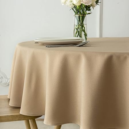 maxmill Round Linen Looking Textured Tablecloth Spill-Proof Wrinkle Free Soft Jacquard Table Cloth for Circular Table Cover, for Dining Room Buffet Banquet Parties Holiday Dinner, 70 Inch Beige