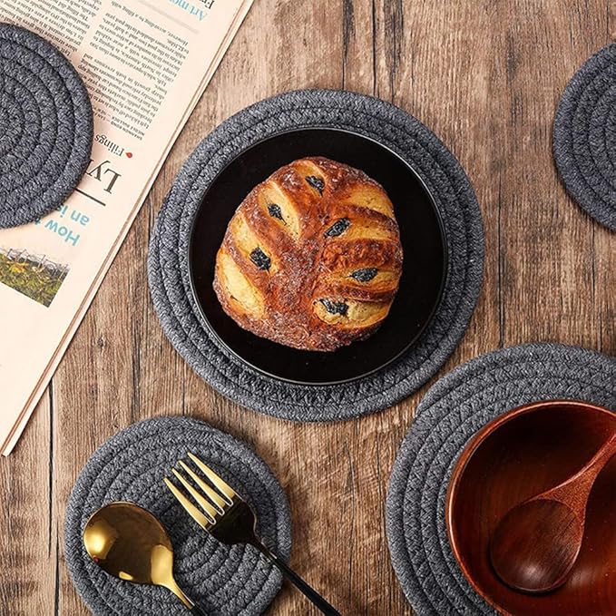 Round Trivet Weave Pad for Kitchen Thread Pot Holders for Hot Dishes/Pot/Bowl/Teapot/Hot Pot Set of 1 Cotton Braided 7 Inches Dining Table Trivet Dark Grey