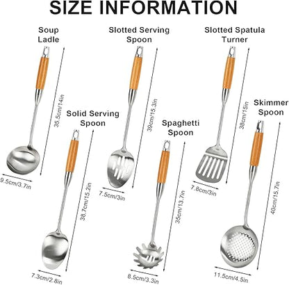 6 Pieces Stainless Steel 304 Kitchen Cooking Utensil Set, Metal 18/8 Stainless Steel Utensil Spatula Sets Cookware for Kitchen with Wood Handle