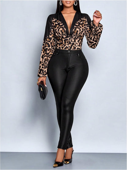 XL, SweatyRocks Women's Deep V Neck Cheetah Print Long Sleeve Going Out Cinched Waist Crop Shirt Top Blouses