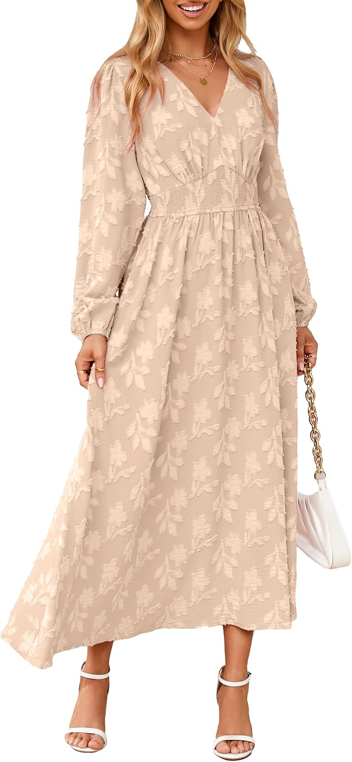 Simplee Womens Boho Floral Long Sleeve Maxi Dress V Neck Empire Waist Fall Wedding Guest Dresses with Pockets