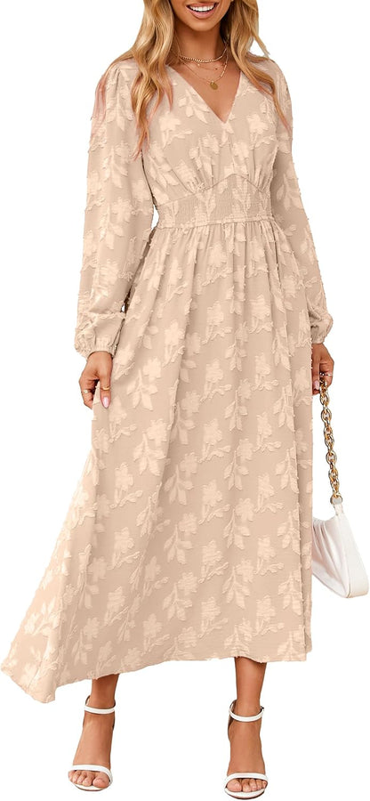 Simplee Womens Boho Floral Long Sleeve Maxi Dress V Neck Empire Waist Fall Wedding Guest Dresses with Pockets