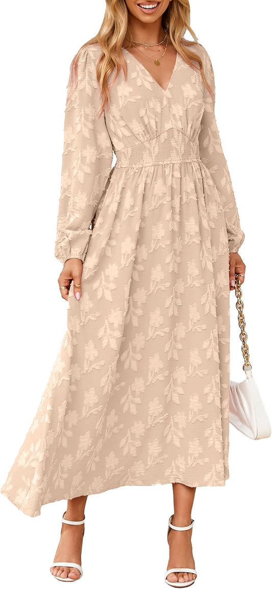 Simplee Womens Boho Floral Long Sleeve Maxi Dress V Neck Empire Waist Fall Wedding Guest Dresses with Pockets