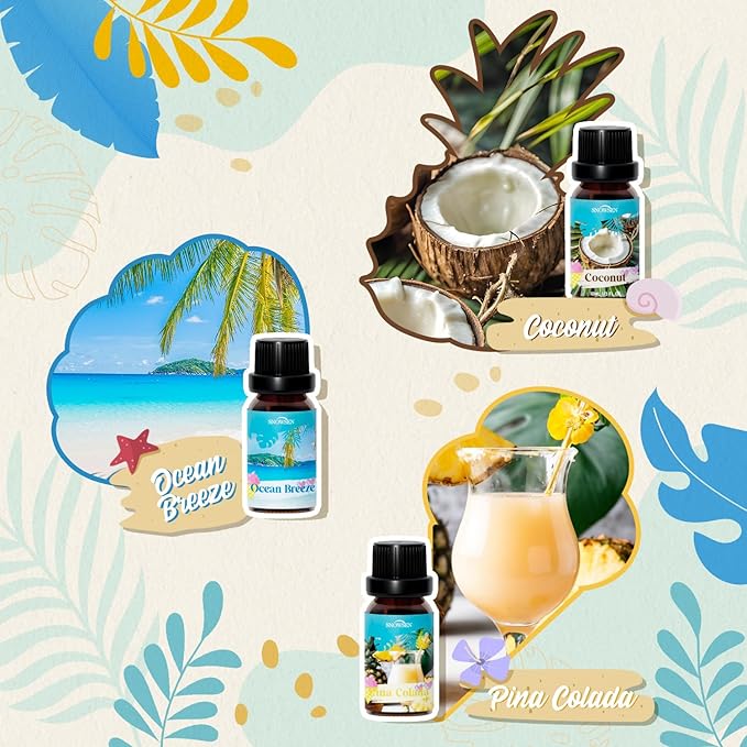 Summer Essential Oil Set of 6 Premium Fragrance Oils - Includes Watermelon, Coconut, Ocean Breeze, Plumeria, Vanilla Ice Cream & Pina Colada Diffuser Oils, Candle Making Scents