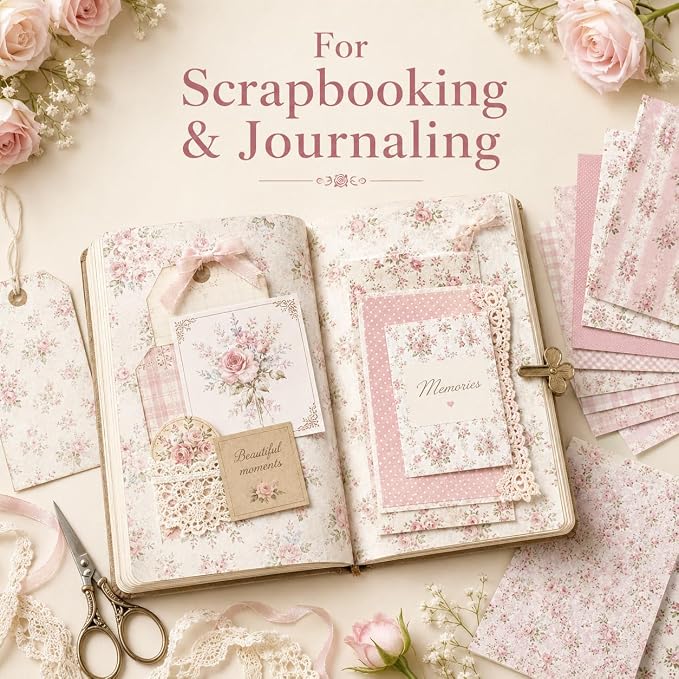 Floral Pink Scrapbook Paper Pad, 6x6 Aesthetic Craft Paper, 24 Sheets Double-Sided Decorative Patterned Decorative Junk Journal Supplies for Mixed Media, Card Making, Decoupage & DIY Art