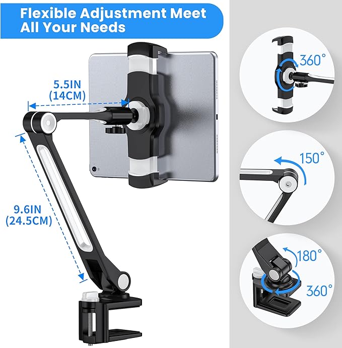 AboveTEK iPad Desk Mount, Multi-Angle Adjustable Tablet Stand Holder, 360 Swivel Arm Aluminum iPad Clamp Stand, Fits 4"-11" TabletPhoneiPad Mini for Home Office Kitchen Bedside (Black)