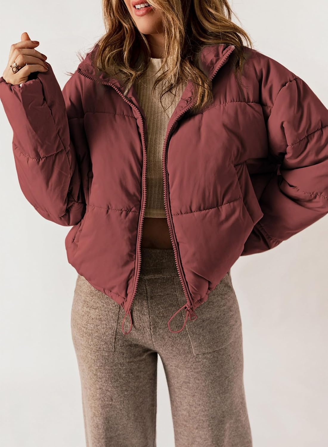 Dokotoo Womens Quilted Jackets Long Sleeve Full Zip Puffer Jacket Coats | Warm Winter Clothing for Women, Oversized Drawstring Hem, Comfy, Baggy Short Down Coats for Women, Cropped Jackets, Pockets