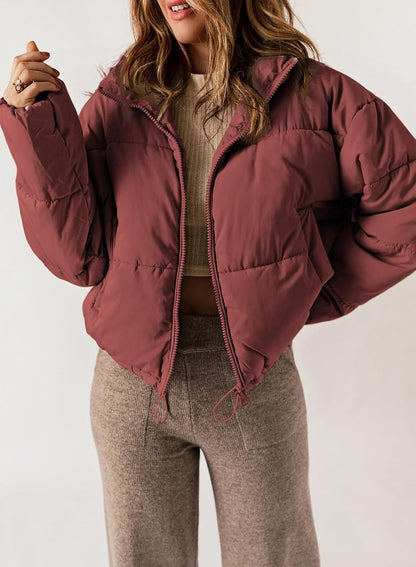 Dokotoo Womens Quilted Jackets Long Sleeve Full Zip Puffer Jacket Coats | Warm Winter Clothing for Women, Oversized Drawstring Hem, Comfy, Baggy Short Down Coats for Women, Cropped Jackets, Pockets
