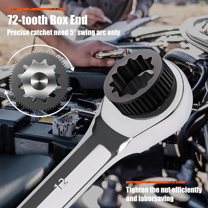 Egofine 916 inch Ratcheting Combination Wrench SAE, Industrial Grade Gear Spanner with 12-Point Design, 72-Tooth Ratchet, Chrome Vanadium Steel