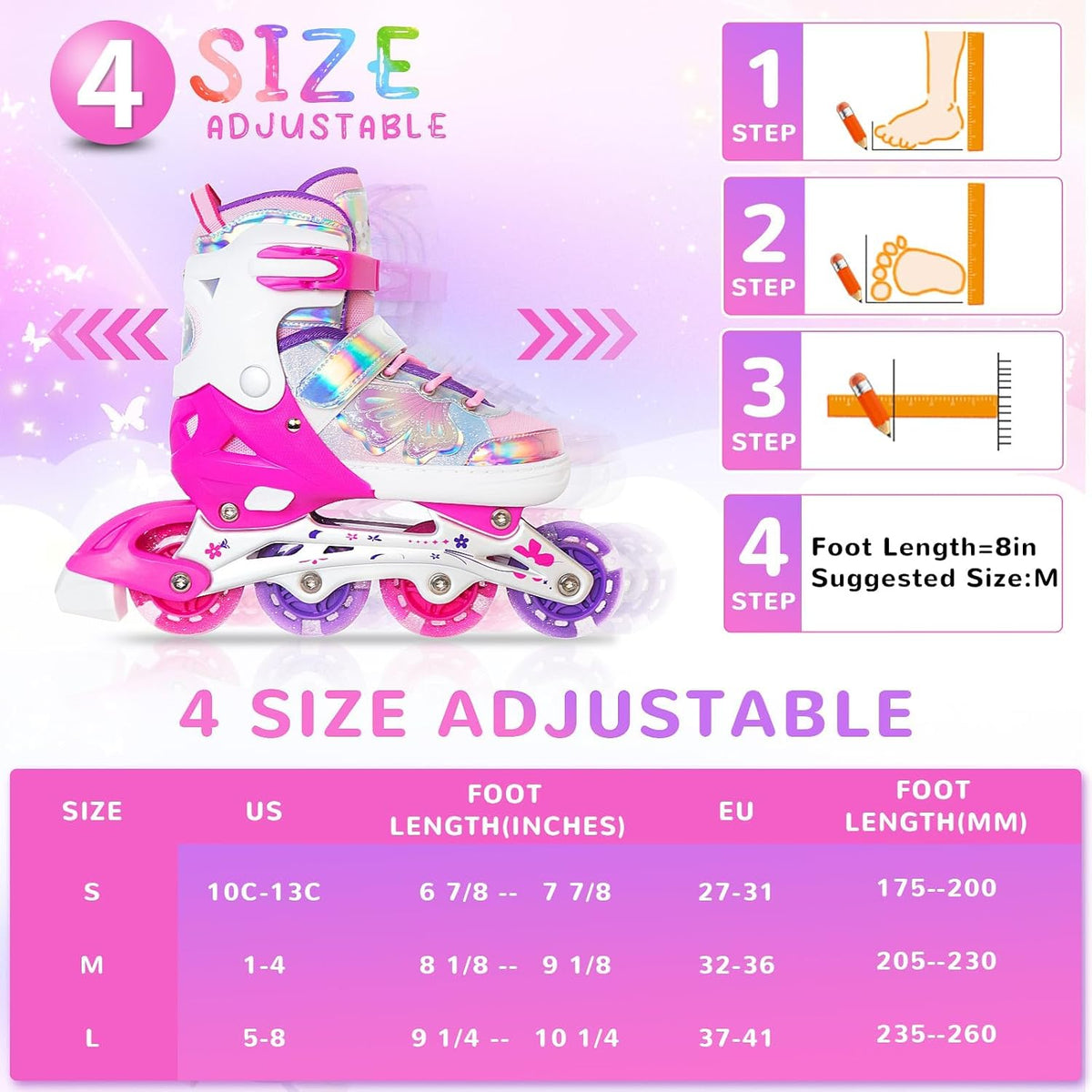 Girls Inline Skates for Kids Boys, Size 5-8 (L) Adjustable Butterfly Blades Skates with All Light up Wheels - Birthday Gift for Indoor Outdoor Sports