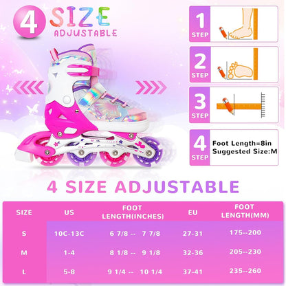 Girls Inline Skates for Kids Boys, Size 5-8 (L) Adjustable Butterfly Blades Skates with All Light up Wheels - Birthday Gift for Indoor Outdoor Sports