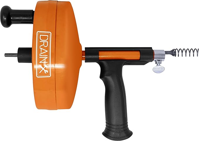 DrainX Power Pro 25-FT Steel Drum Auger Plumbing Snake with Drill Attachment  Drain Snake for Manual or Powered Use  Heavy Duty Drain Cleaning Cable with Work Gloves and Storage Bag Included
