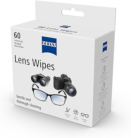 ZEISS Lens Cleaning Wipes, Pre-Moistened, Individually Wrapped Wipes for Coated Glass on Binoculars, Glasses, Sunglasses, Camera Lenses, and Scopes, 60 Count