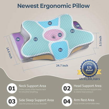 Cervical Neck Pillow for Pain Relief - Cooling Side Sleeper Pillow for Sleeping, Ergonomic Memory Foam Pillows for Neck Support, Contour Orthopedic Bed Pillow for Back Stomach Sleepers
