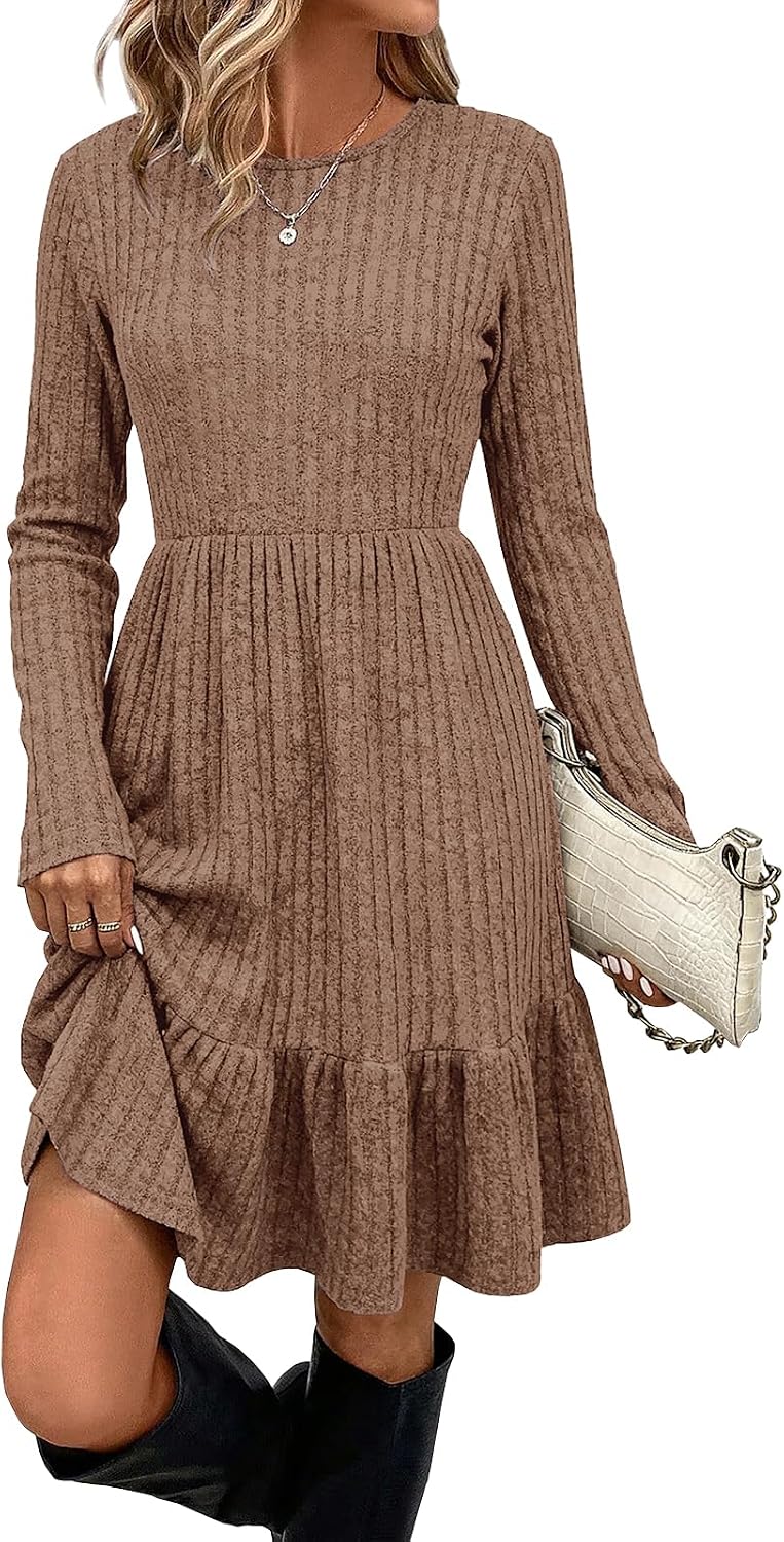 Fall Sweater Dresses for Women 2025 Long Sleeve Crewneck Flowy Babydoll Winter Casual Midi Dress with Pockets