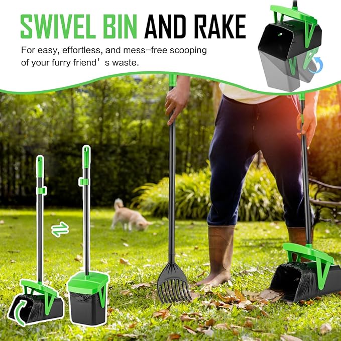 Pooper Scooper Swivel Bin & Rake with 20 Waste Bags, Dog Pooper Scooper with Bag Attachment for Large Medium Small Dogs, Poop Scooper with Lid for Lawn Yard Dog Kennel