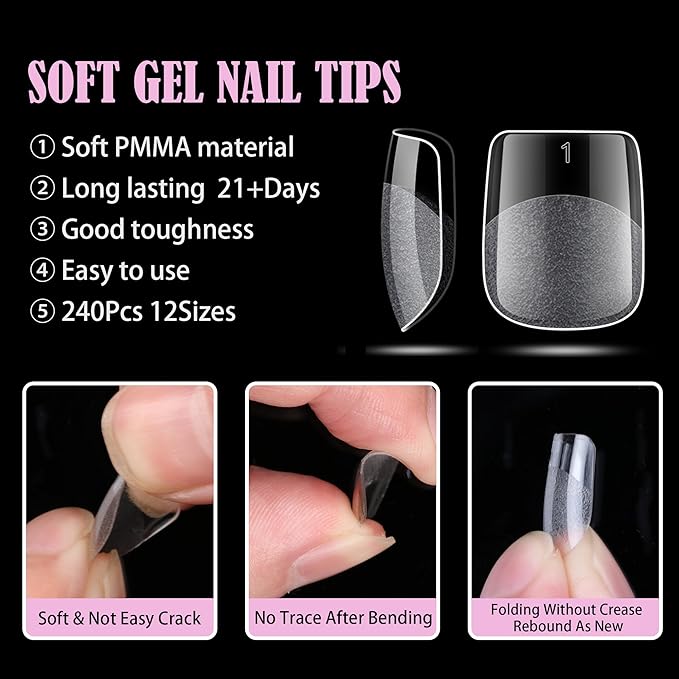 Carmu Extra Short Gel Nails Tips, 240pcs Full Cover Half Matte Acrylic Tips, 12 Sizes Pre-Shaped Short Square Press on Nails False Clear Nail Tips for Nail Extension DIY Salon