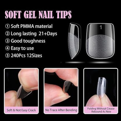 Carmu Extra Short Gel Nails Tips, 240pcs Full Cover Half Matte Acrylic Tips, 12 Sizes Pre-Shaped Short Square Press on Nails False Clear Nail Tips for Nail Extension DIY Salon