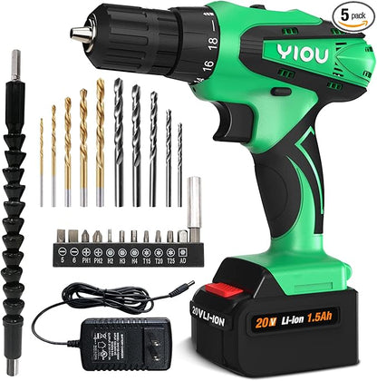 YIOU 20V MAX Cordless Drill, 181 Clutch, 2-Speed, 38" Chuck, 23PCS Drill Set, Battery Charger, Green, Home DIY Projects