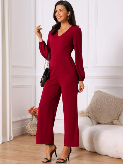 Seta T Women's V Neck Long Sleeve High Waist Wide Leg Casual Jumpsuits with Pockets.