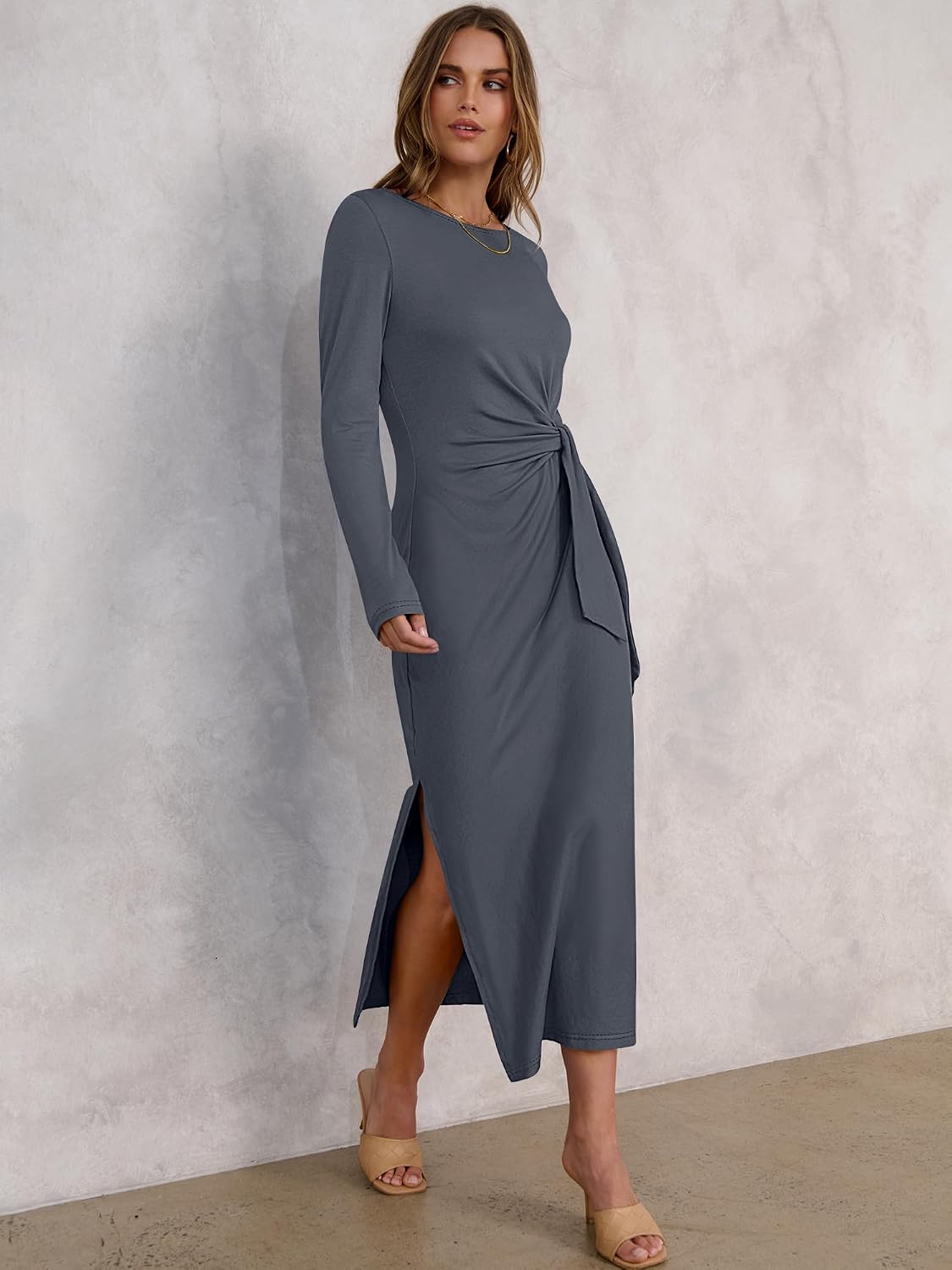 ANRABESS Women's Long Sleeve Maxi Dress, Tie Waist Slim with Side Slit, Elegant for Work, Casual, Versatile Fall Winter Dress