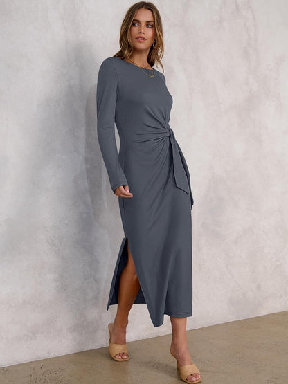 ANRABESS Women's Long Sleeve Maxi Dress, Tie Waist Slim with Side Slit, Elegant for Work, Casual, Versatile Fall Winter Dress