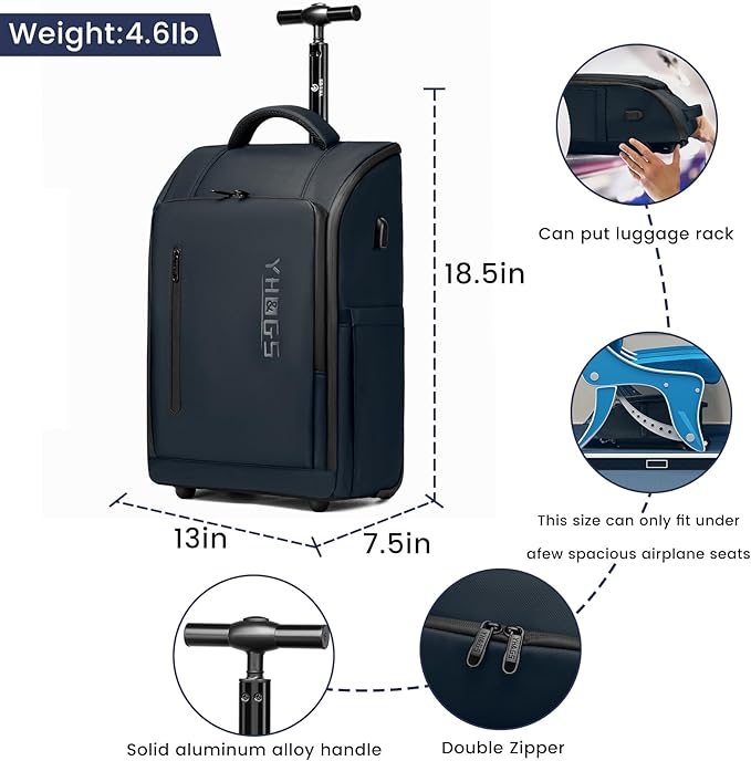 Rolling Backpack Waterproof Commuter Backpack with Wheels for Business, Laptop Compartment for 17.3-Inch Laptop, Wheeled Carry-On Bag for Adults - deep blue