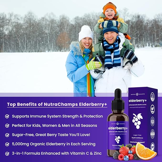 NutraChamps Organic Elderberry Syrup - 5000mg Elderberry Extract with Vitamin C  Zinc - Black Elderberry Liquid Drops - Sugar-Free Immunity Booster, Vegan, Gluten-Free Elderberry Supplement