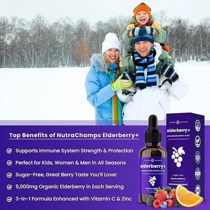 NutraChamps Organic Elderberry Syrup - 5000mg Elderberry Extract with Vitamin C  Zinc - Black Elderberry Liquid Drops - Sugar-Free Immunity Booster, Vegan, Gluten-Free Elderberry Supplement
