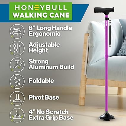 HONEYBULL Walking Cane for Men  Women - Foldable, Adjustable, Collapsible, Free Standing Cane, Pivot Tip, Heavy Duty  Walking Sticks, Folding Canes for Seniors  Adults Purple