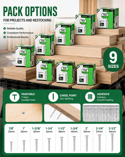meite 16 Gauge Finish Nails 2-1/2 Inch Galvanized Straight Finish Nails for Pneumatic Cordless Finish Nailer Gun, Small T-Head Trim Nails for Baseboard Crown Molding Cabinet Casing, 1 Box/2500PCS