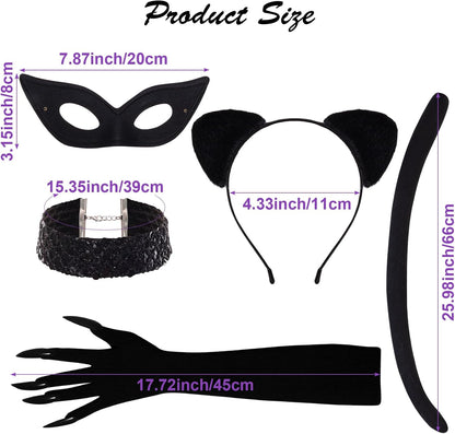 Heliltd 5pcs Cat Costume Accessories with Ears Headband Mask Gloves Necklace and Tail Cat Womens Costume for Women Cosplay Halloween Party Black