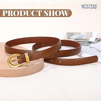 WERFORU Women Leather Belt for Jeans Pants Thin Belts for Women Fashion Waist Belt with Gold Buckle