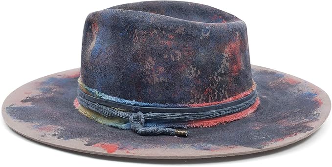 RUEDIGER Wide Brim Fedora Hats for Men Women 100% Wool Felt Panama Rancher Hat with Lightning Logo Distressed/Burned Handmade