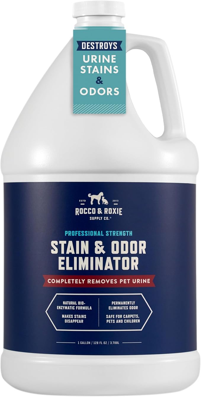 Rocco & Roxie Enzyme Stain & Odor Eliminator, 1 Gallon Bio-enzymatic urine destroyer; CRI Certified Safe; made in USA; for carpets, bedding, litter boxes, crates & cars